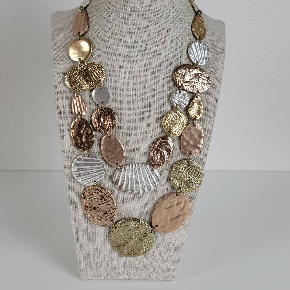 Gold Silver Copper Tri-Tone Hammered Geometric Link Necklace